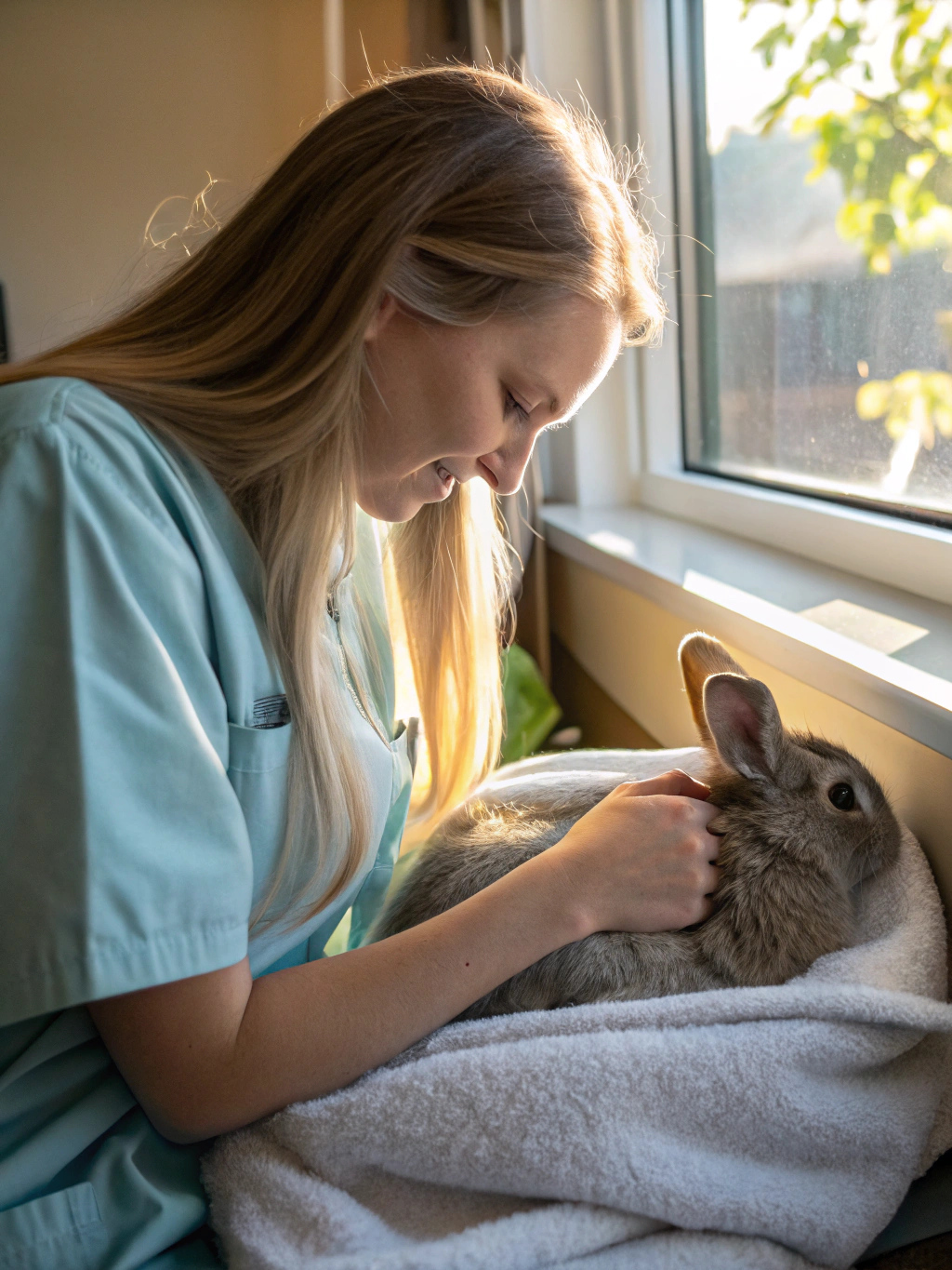 Domestic rabbit receiving attentive care