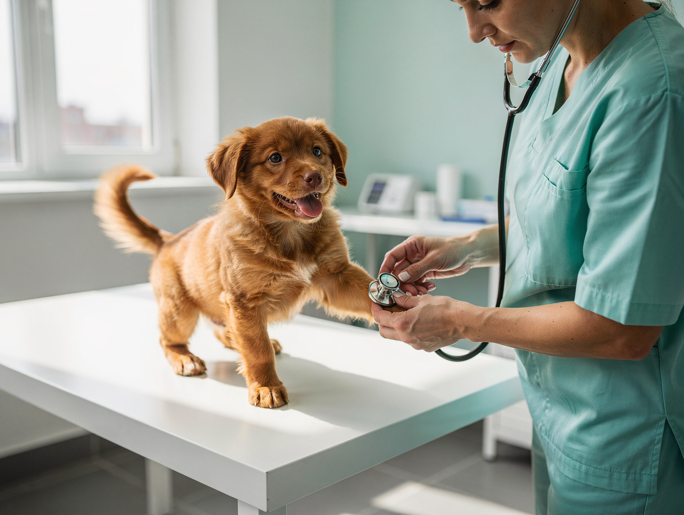 A playful puppy receiving a checkup