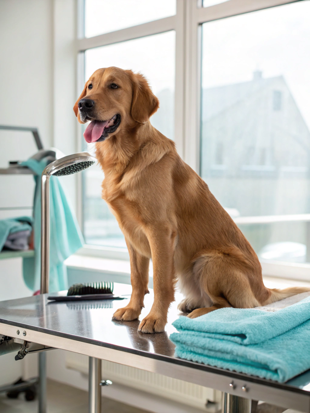 Golden Retriever smiling after checkup