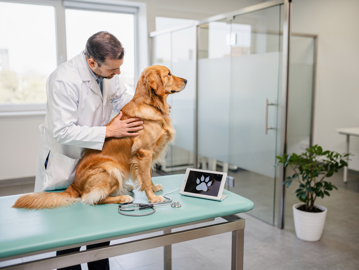 Veterinarian examining a happy dog in a modern clinic